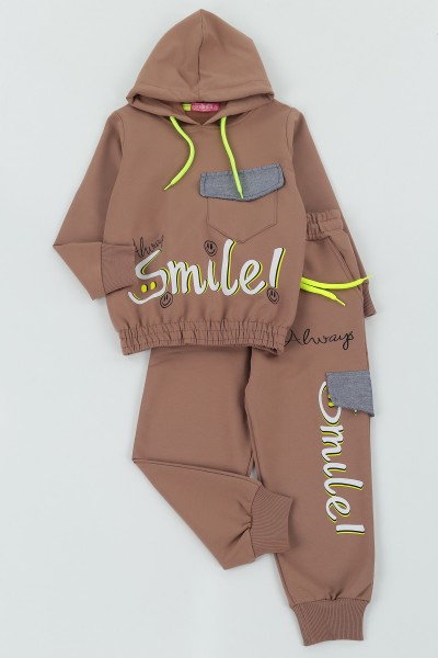 Kahverengi (5-8 Yaş)Smile Baskılı Cep Detay Kapüşonlu Kız Çocuk Mevsimlik Takım 133529