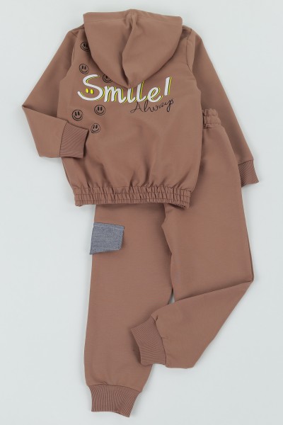 Kahverengi (5-8 Yaş)Smile Baskılı Cep Detay Kapüşonlu Kız Çocuk Mevsimlik Takım 133529