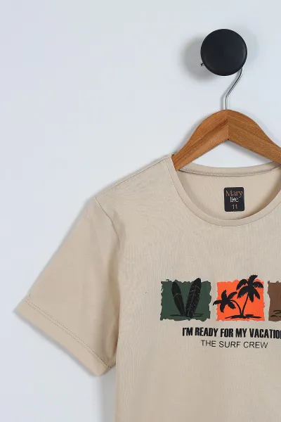 Kahverengi (6-14 Yaş)Palmiye Baskılı Şortlu Erkek  Çocuk Yazlık Takım 342777