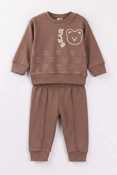 Kahverengi (6-18 Ay)Bear Baskılı Çıtçıtlı Çimalı Erkeke Bebek Takım 477415