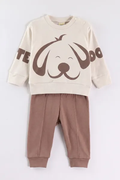 Kahverengi (6-18 Ay)Cute Dog Baskılı Çıtçıtlı Çimalı Erkek Bebek Takım 477884