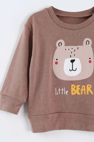 Kahverengi (6-18 Ay)Little Bear Baskılı Çıtçıtlı Çimalı Erkek Bebek Takım 477951