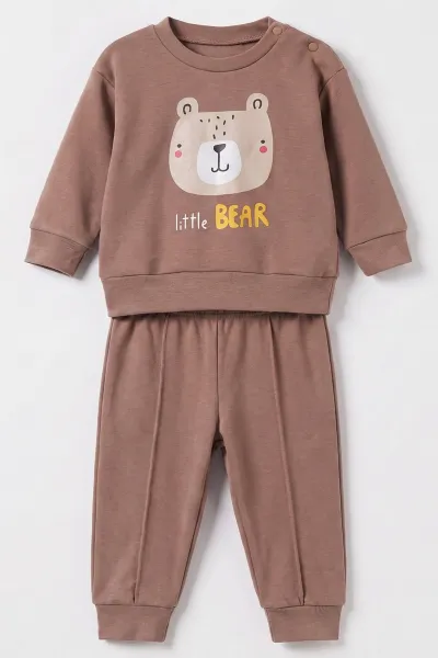 Kahverengi (6-18 Ay)Little Bear Baskılı Çıtçıtlı Çimalı Erkek Bebek Takım 477951