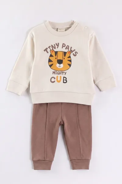 Kahverengi (6-18 Ay)Tiny Paws Baskılı Çıtçıtlı Çimalı Erkek Bebek Takım 477855