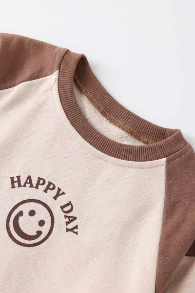 Kahverengi (6-24 Ay) Happy Day Baskılı Garnili  2 İp Erkek Bebek Takım 479023