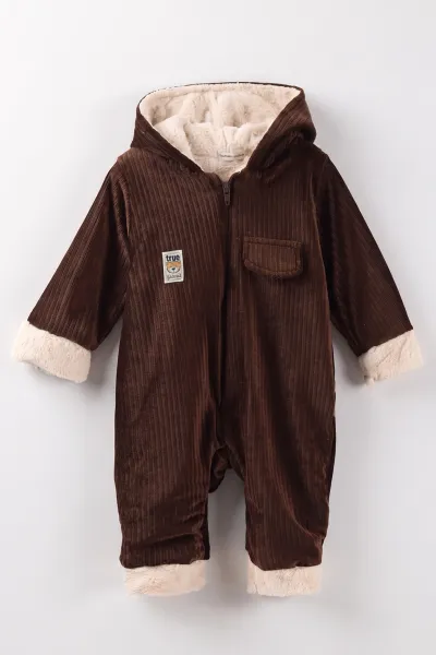 Kahverengi (6-24 Ay) Kulak Figürlü İçi Peluş Önden Fermuarlı Bebek Tulum 482056