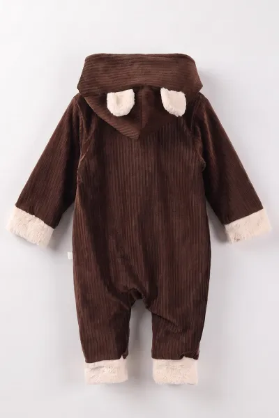 Kahverengi (6-24 Ay) Kulak Figürlü İçi Peluş Önden Fermuarlı Bebek Tulum 482056