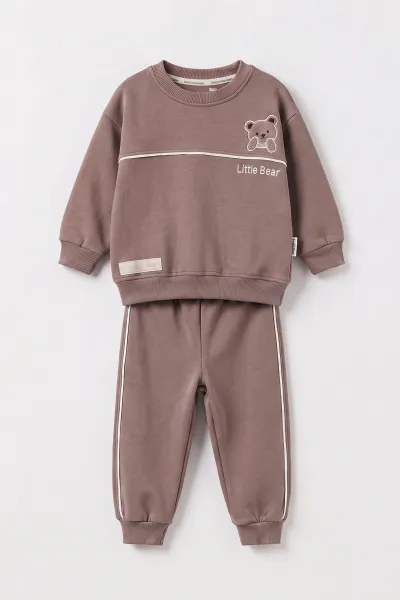Kahverengi (6-24 Ay) Little Bear Nakışlı Kıl Biyei İçi Şardonlu Erkek Bebek Kışlık Takım 495706