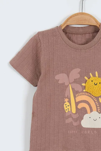 Kahverengi (6-24 Ay)Baskılı Güneş Süzeneli Şortlu Erkek Bebek Takım 357724