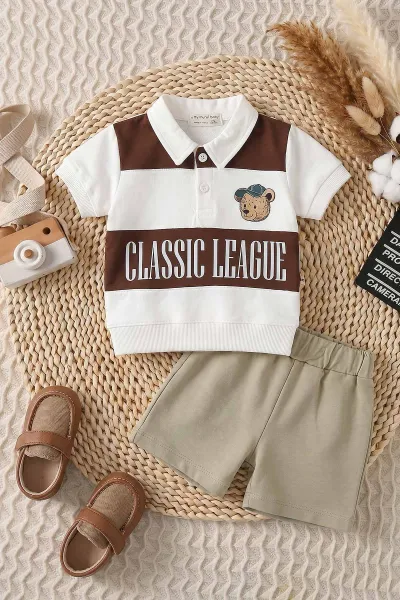 Kahverengi (6-24 Ay)Classic Leauge Baskılı Polo Yaka   Tişört ve Şortlu Erkek Bebek Yazlık Takım 467560