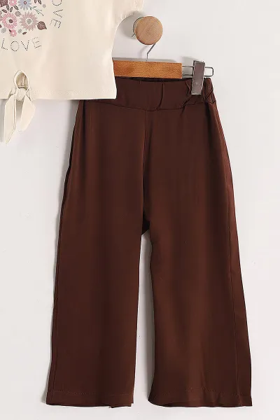 Kahverengi (6-9 Yaş)Love Taşlı Bağlamalı Belmando Bol Paça Pantolonlu Kız Çocuk Takım 436483