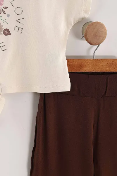 Kahverengi (6-9 Yaş)Love Taşlı Bağlamalı Belmando Bol Paça Pantolonlu Kız Çocuk Takım 436483