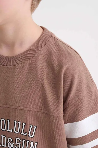 Kahverengi (7-12 Yaş) Çizgi Desen Cepli Şortlu  Erkek Çocuk Yazlık Takım 469683