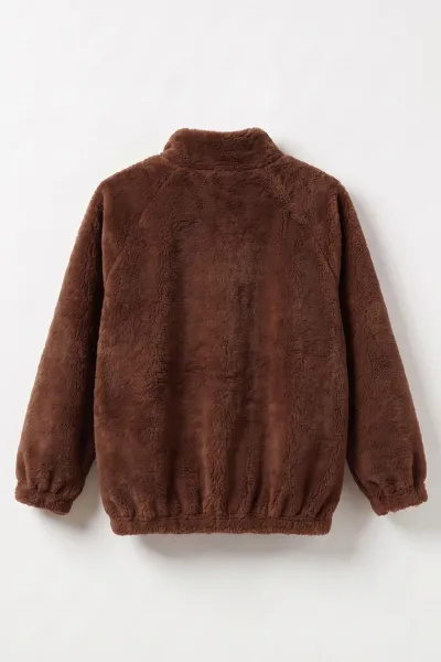 Kahverengi (7-12 Yaş) Omuzu Şeritli Fiyonklu Kız Çocuk Peluş Hırka 489013