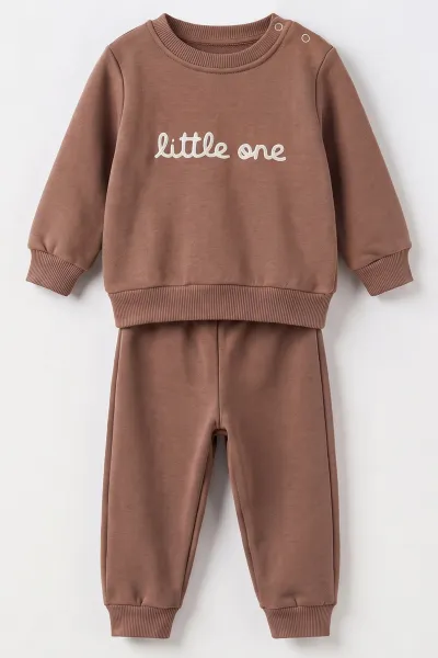 Kahverengi (9-18 Ay) Little One Nakışlı İçi Şardonlu Erkek Bebek Kışlık Takım 493930