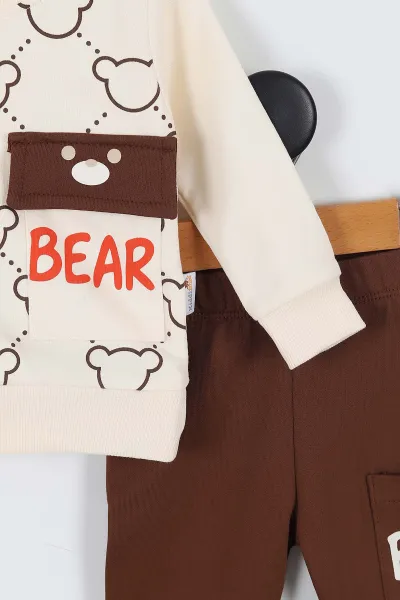 Kahverengi (9-24 Ay) Bear Baskılı Cep Detaylı Erkek Bebek 2'li Takım 335522