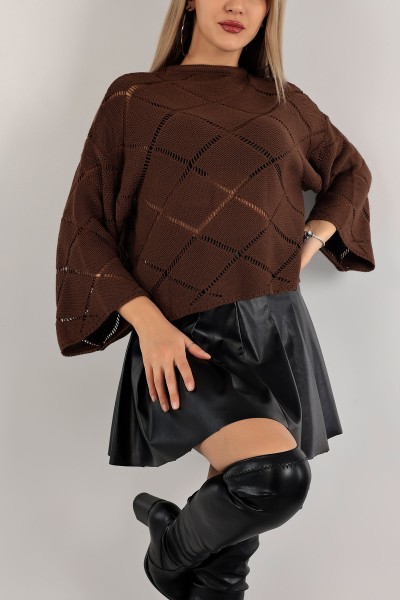 Kahverengi Ajurlu Crop Triko Kazak 137480