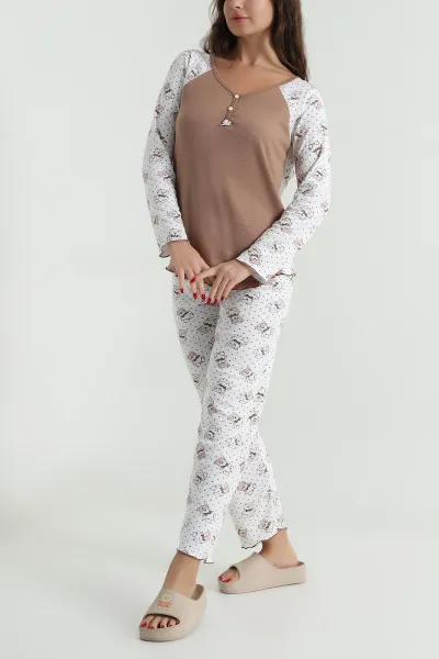 Kahverengi Armut Yaka Fitilli Kadın Pijama Takımı 494674