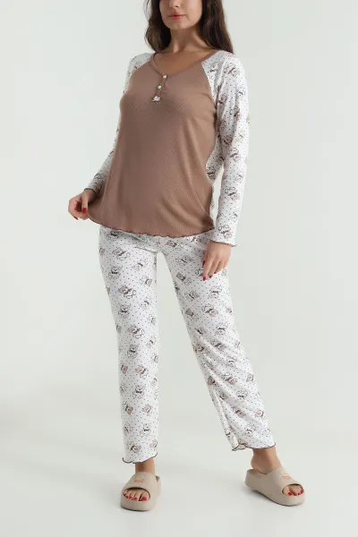 Kahverengi Armut Yaka Fitilli Kadın Pijama Takımı 494674