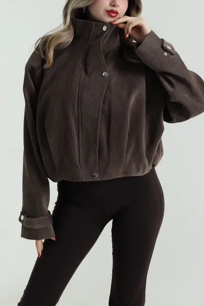 Kahverengi Asimetrik Pat Detay Denim Modal Kadın Bomber Mont 499365