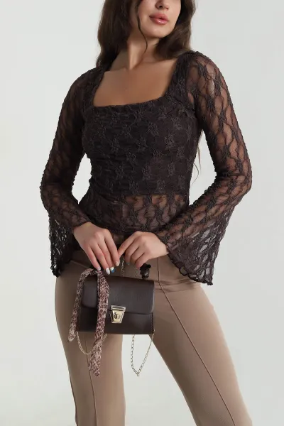 Kahverengi Astarlı Dantel Kadın Bluz 484518