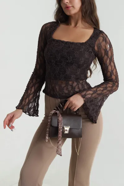 Kahverengi Astarlı Dantel Kadın Bluz 484518