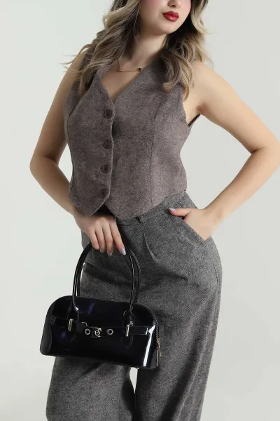 Kahverengi Astarlı Düğmeli Twill Kaşe Kadın Yelek 495350