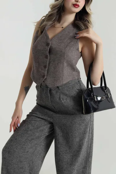 Kahverengi Astarlı Düğmeli Twill Kaşe Kadın Yelek 495350