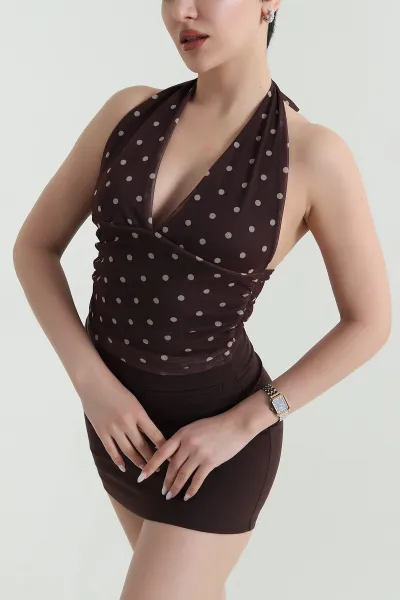 Kahverengi Astarlı Puantiyeli Tül Kadın Crop 450394