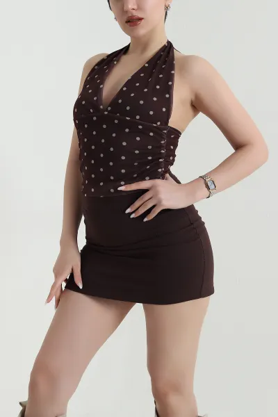 Kahverengi Astarlı Puantiyeli Tül Kadın Crop 450394