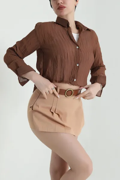 Kahverengi Atletli Tencel Kadın Balon Gömlek 449379