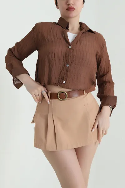 Kahverengi Atletli Tencel Kadın Balon Gömlek 449379