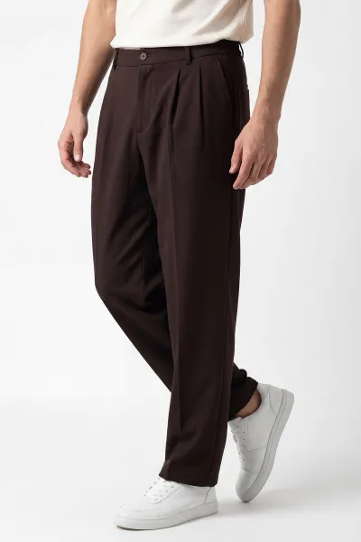 Kahverengi Baggy Çift Pile Detaylı Bel Arkası Lastikli Erkek Kumaş Pantolon 449748