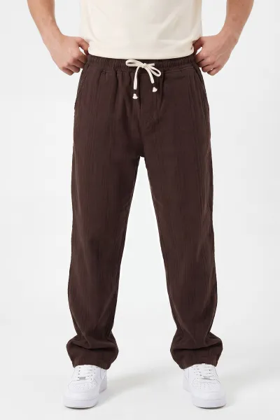 Kahverengi Baggy Ham Keten Belden Bağlamalı Erkek Pantolon 459580