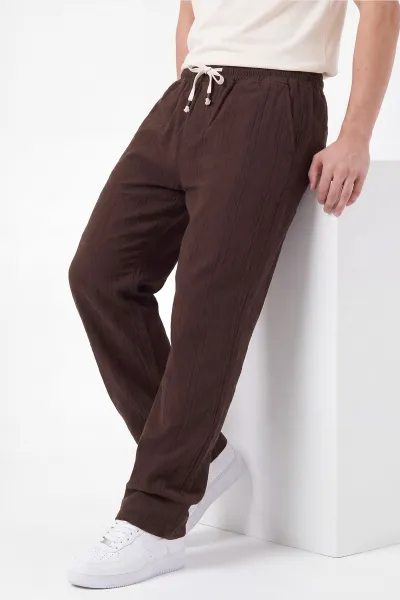 Kahverengi Baggy Ham Keten Belden Bağlamalı Erkek Pantolon 459580