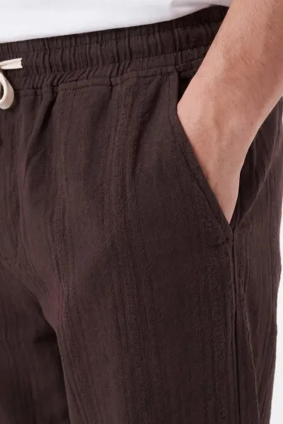 Kahverengi Baggy Ham Keten Belden Bağlamalı Erkek Pantolon 459580