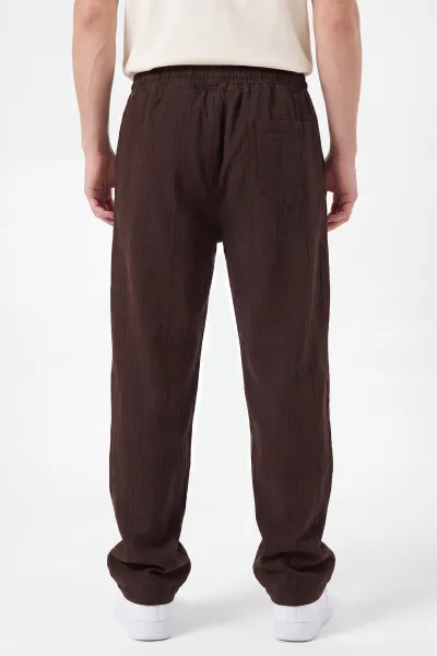 Kahverengi Baggy Ham Keten Belden Bağlamalı Erkek Pantolon 459580
