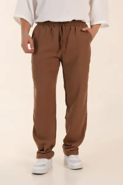 Kahverengi Baggy Keten Bel Lastikli Erkek Eşofman Altı 364077