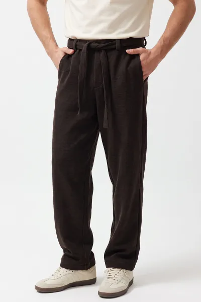 Kahverengi Baggy Örme Kumaş Yeni Sezon Erkek Pantolon 493275