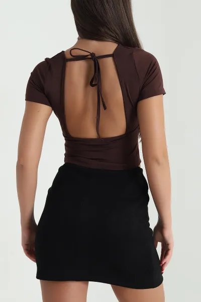 Kahverengi Bağlamalı Büzgülü Crop Bluz 477663