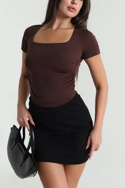 Kahverengi Bağlamalı Büzgülü Crop Bluz 477663