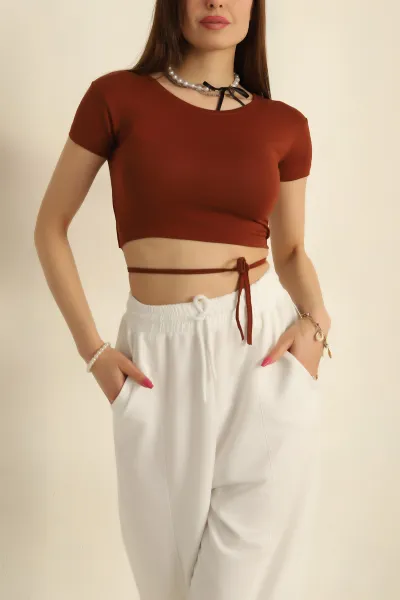 Kahverengi Bağlamalı Crop Bluz 268978