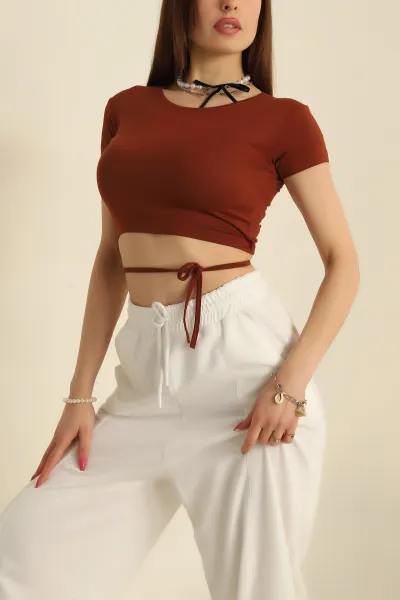 Kahverengi Bağlamalı Crop Bluz 268978