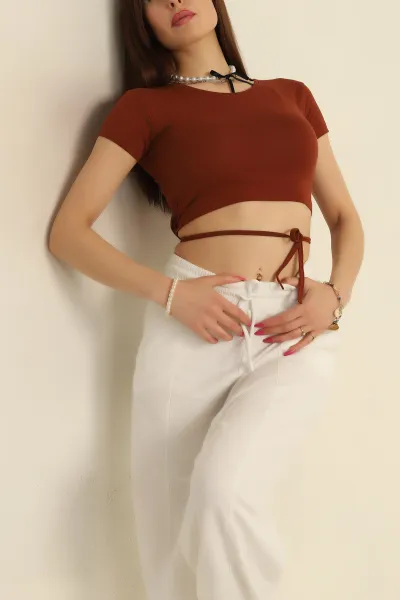 Kahverengi Bağlamalı Crop Bluz 268978