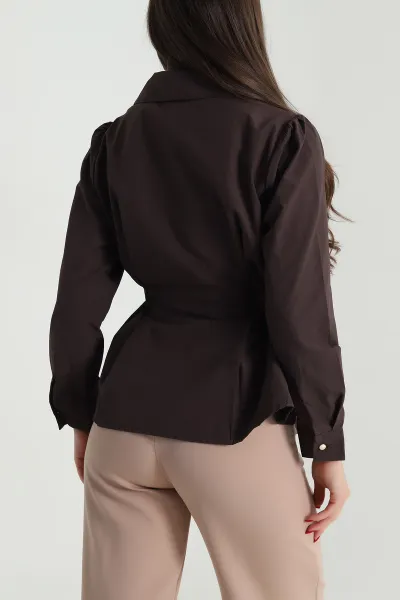 Kahverengi Bağlamalı Poplin Kadın Gömlek 493906