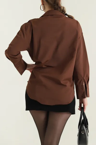 Kahverengi Bağlamalı Tasarım Poplin Kadın Gömlek 437154