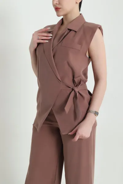 Kahverengi Bağlamalı Yelek Pantolon Toledo Kadın İkili Takım 449503