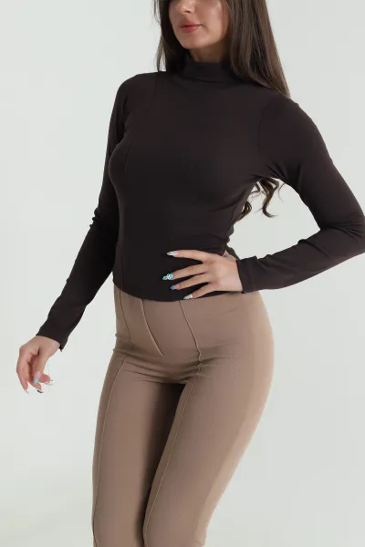 Kahverengi Balıkçı Yaka Kadın Body Bluz 483145