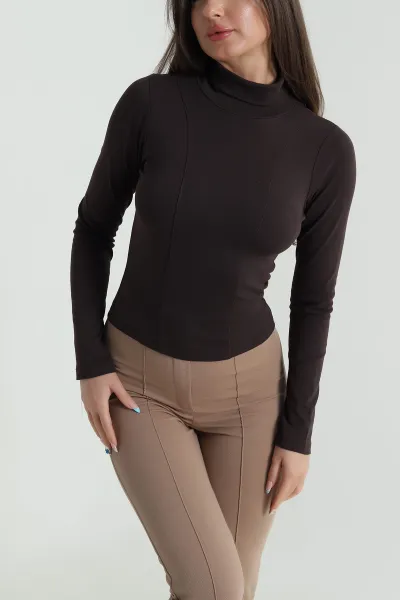 Kahverengi Balıkçı Yaka Kadın Body Bluz 483145