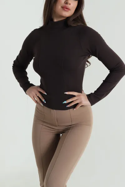 Kahverengi Balıkçı Yaka Kadın Body Bluz 483145
